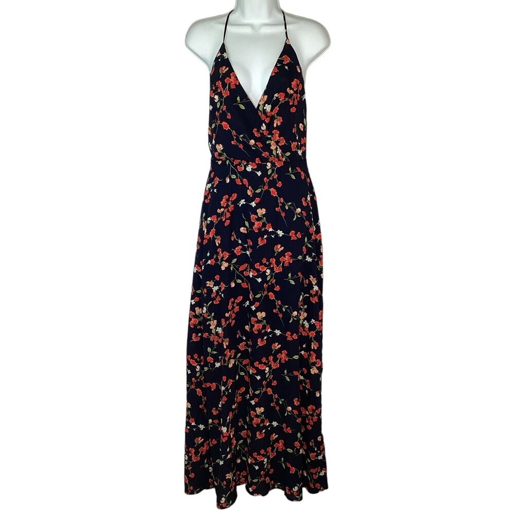 LUSH Floral Maxi Sundress Black Small Strappy‎ V-Neck Wrap Look Side Slit Long